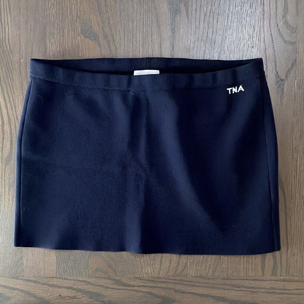 TNA Aritzia Navy Blue Knit Drawstring Sweat Mini Skirt Logo Athletic Casual S